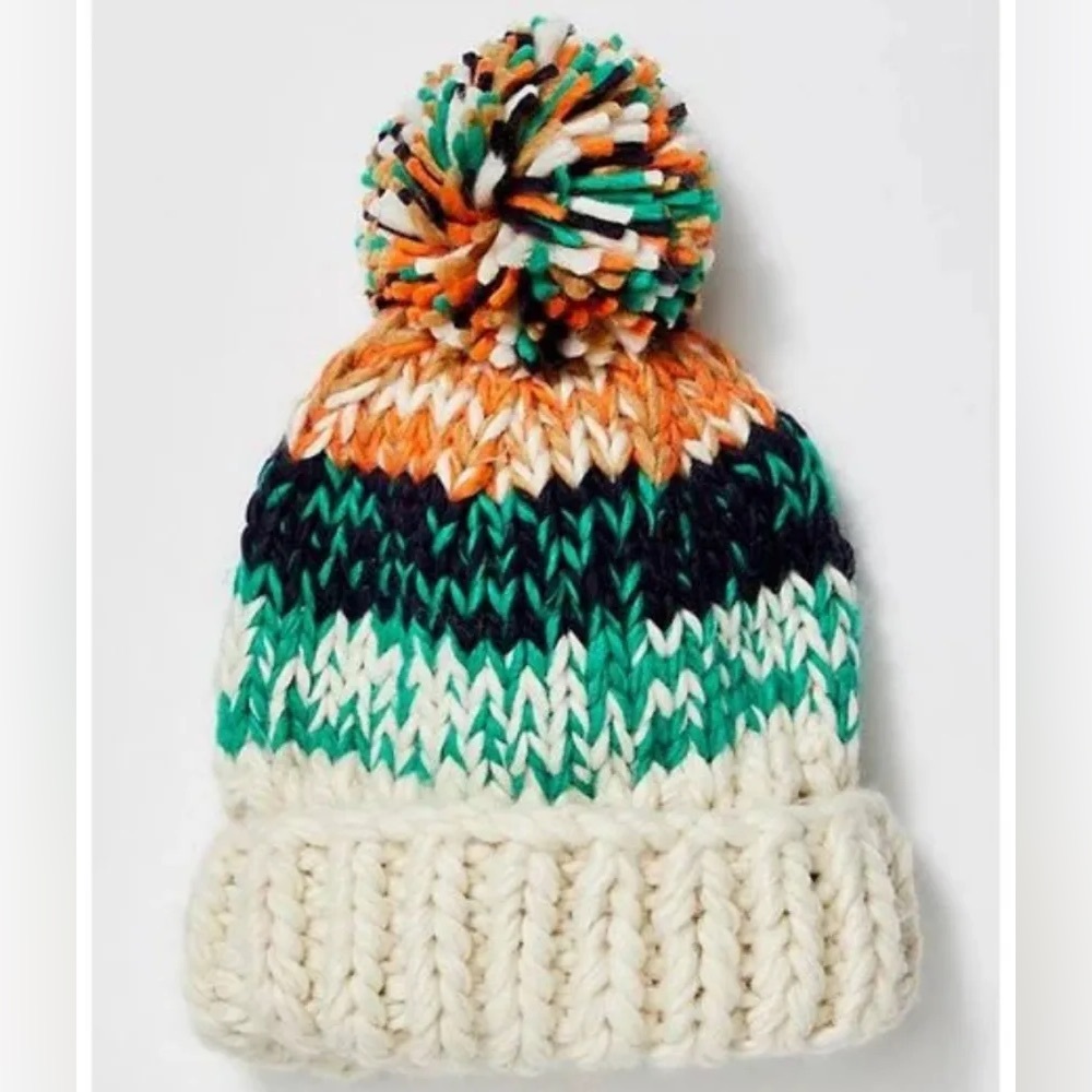 NWT Free People Black Tide Stripe Knit Pom Beanie White